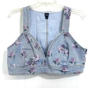 Wild Fable Top Floral Denim Cropped Sleeveless Light Blue Denim Top Size L